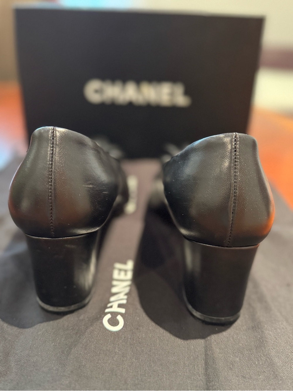 Authentic Chanel Black Leather Camellia Block Heel Pumps – Size 38C - Picture 9 of 15